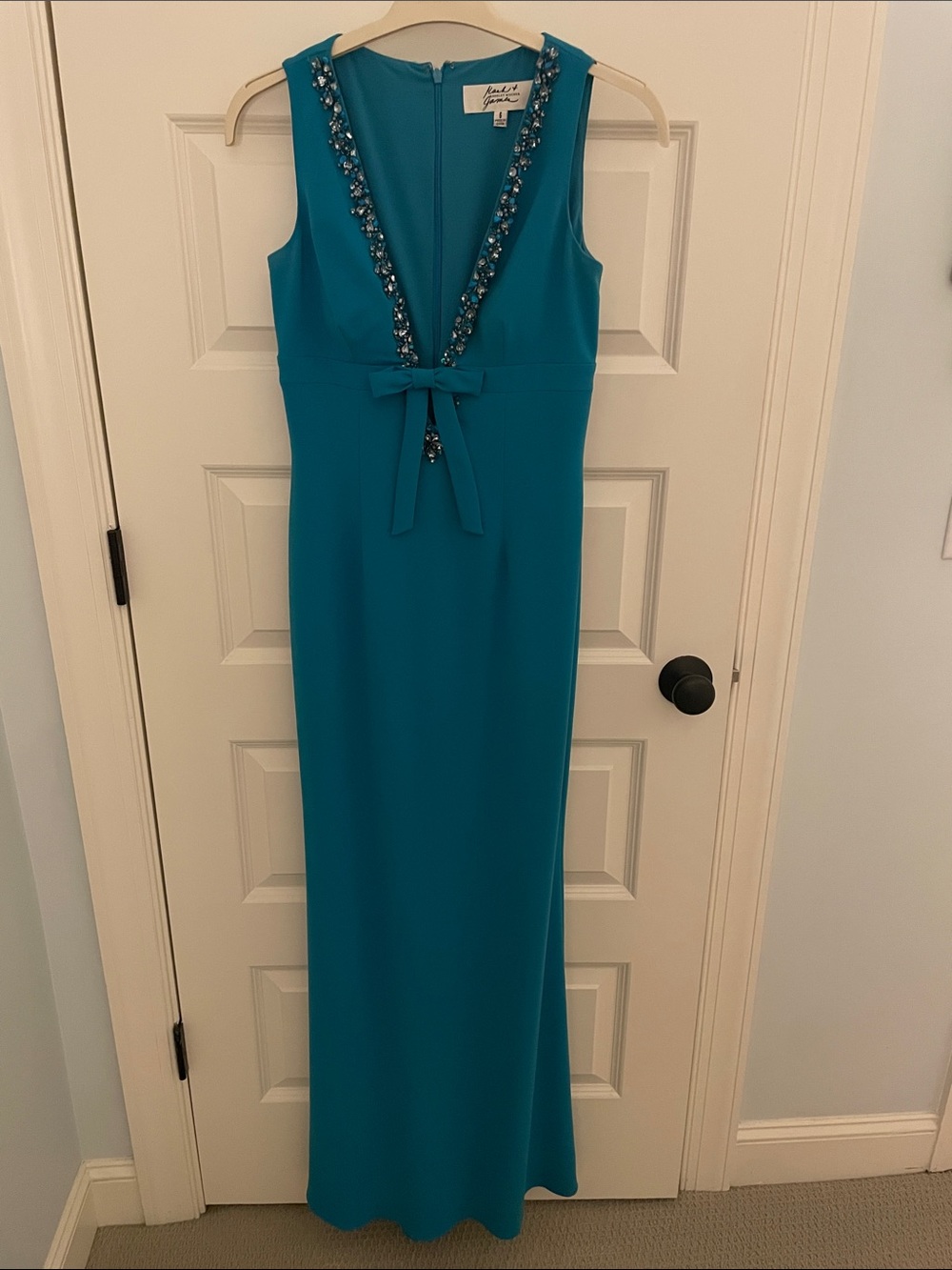 Badgley Mischka Teal Plunge Embellished Gown